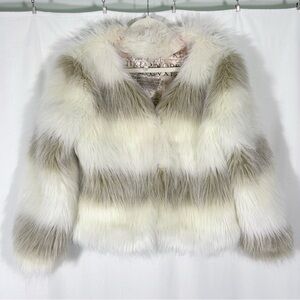 RAGA White & Beige Striped Faux Fur Jacket